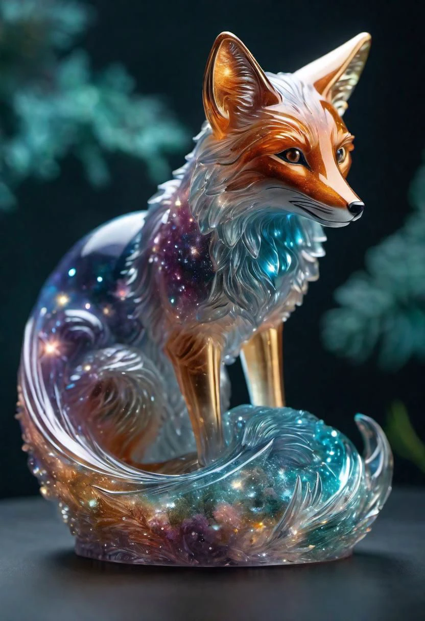 A realistic photo of (intricate transparent glass interstellar nebula fox statue made of galaxies, flora and fauna, hyper realistic, ultra detailed, elegant, beautiful, 1 tail)), photo is taken with a Canon EOS R5 and a Canon RF 100-500mm f/4.5-7.1L IS USM lens, ultra high quality, ultra high detailed ,Stained Glass, cosmic nebulas textured Glas, colored glass pieces, product scene, translucent, transparent,