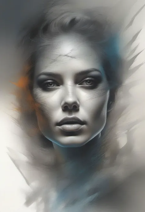 breathtakingly surreal portrait of an enigmatic woman expertly etched by Aleksi Briclot, fusion of diverse hues conveyed through...