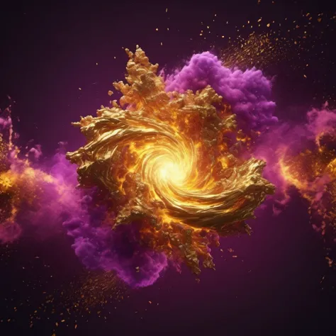 golden and purple particles forming a shape, fire and storm
master quality, cinematic still frame,