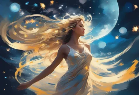 Goddess Aphrodite wearing a luminous lighted outfit, long hair, wind, sky, clouds, the moon, moonlight, stars, universe, firefli...