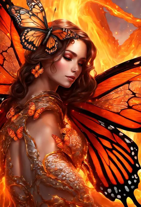 Beautiful woman Butterfly, lava, wings. detail, molten lava, glow, detailed texture