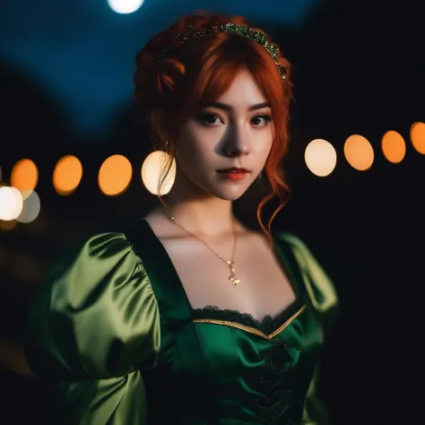 photograph, side lit, Canon R5, Flustered, 35mm, spotlit, Iphone X, Depth of field 270mm, young_woman,cosplay, Green and dark or...