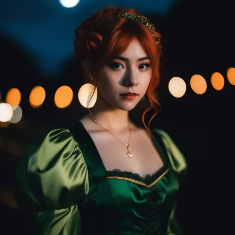 photograph, side lit, Canon R5, Flustered, 35mm, spotlit, Iphone X, Depth of field 270mm, young_woman,cosplay, Green and dark orange hair styled as French twist, Depth of field 100mm, Moonlight, compact camera