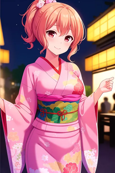 (masterpiece, best quality), highly detailed background, perfect lightingbest quality, tomuramichiru, solo, outdoors, night, summer festival, orange hair, ponytail, hair between eyes, short hair, red eyes, medium breasts, red kimono, floral print, japanese clothes, smile, closed mouth, :), pink lips, <lora:Tomura-Michiru:0.7>