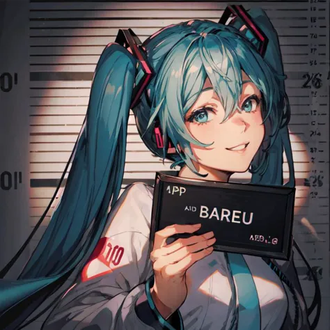 anime girl with blue hair holding a sign in front of a mug