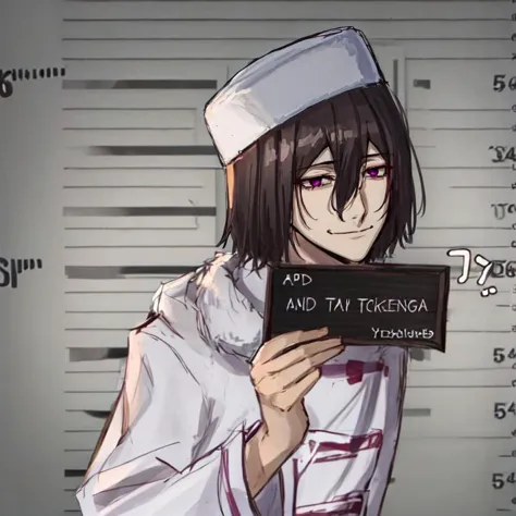 anime character holding a sign with a mugshot in front of a mugshot