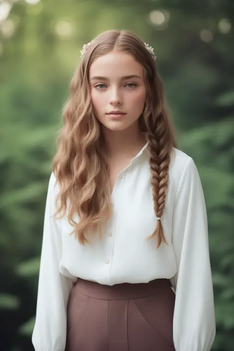 waiter woman, nature, brown braids, by Justine Tjallinks, Gabriele Galimberti, by Alexander Archipenko, Ed Brubaker, Caroline Lucy Scott, Dieric Bouts. southern gothic, negative space, colorgraded, Cinematic film still, analog style, RAW photo, hyper real photo, ultrarealistic uhd faces, 8k uhd, dslr, soft lighting, high quality, film grain, Fujifilm XT3, photographed on a Nikon D7500 DSLR Camera, 50mm lens, F/2.8, HDR, hyper-realistic, colorgraded, volumetric lighting, volumetric fog, moist, shallow depth of field, reflections, absurdres, fashion shot, psychedelic, Commodore Amiga OCS color palette