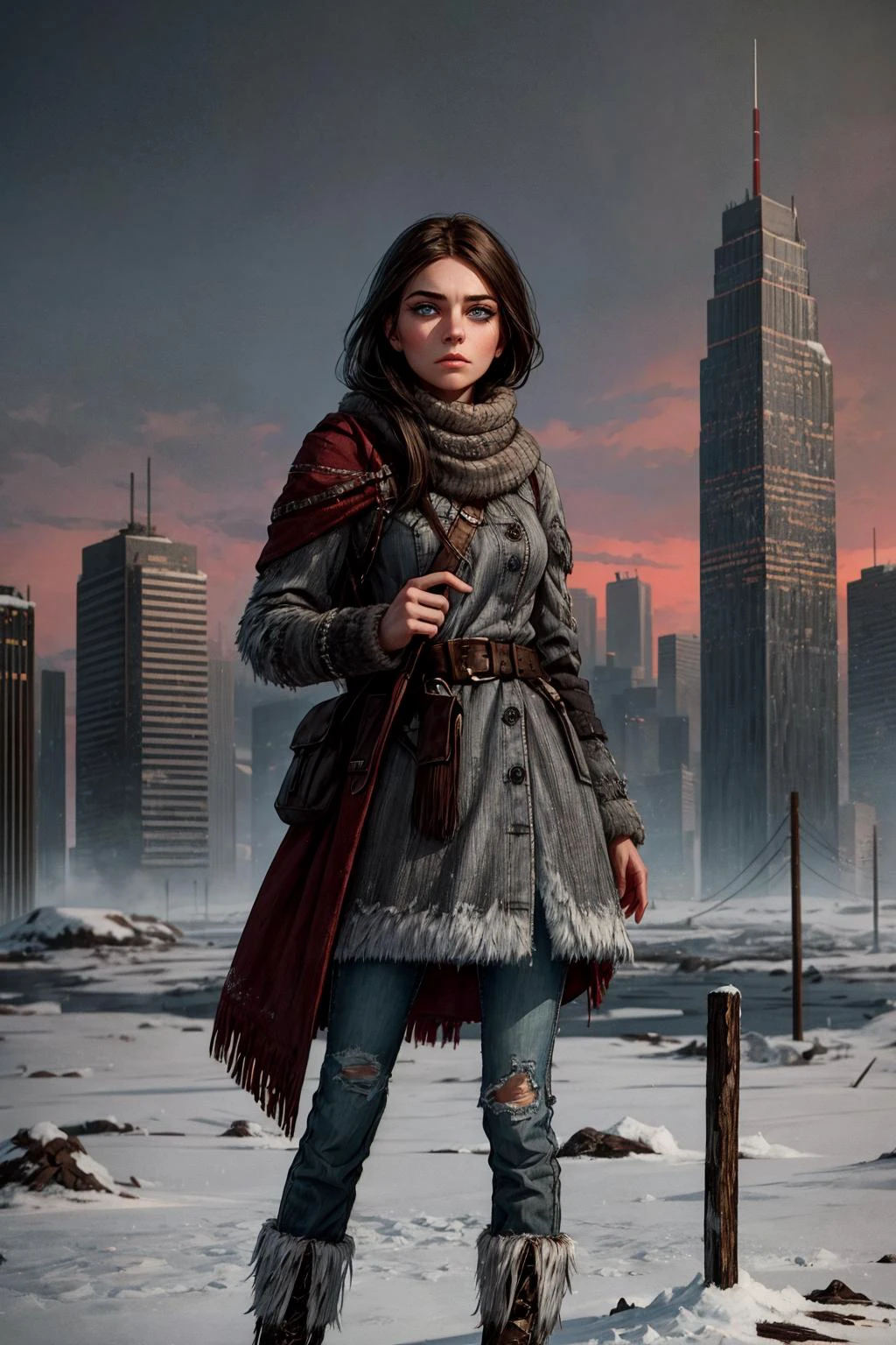 In the bleak aftermath of a nuclear apocalypse, where the world is shrouded in an eternal nuclear winter, envision a lone figure scavenger a young woman walking in [dynamic] alerted anxious pose amidst the desolation, with frozen city civilization (skyscrapers) in background with  dark hair, slim skinny toned body, [beautiful], [perfect], and [highly detailed] youthful [cute face] with upturned blue eyes. It displays a [flushed] complexion and a defined jawline [with overbite], accompanied by [full cheeks] marked with [detailed contours], [cute dimples], and adorned with [face highlighter] and [dark makeup] with eyeliner. Her [delicately proportioned features], [long defined chin], and [high cheekbones] complement her [nose, slightly upturned at the tip] and [narrow nose bridge].
She is the embodiment of resilience in a world frozen by the nuclear ice age. Picture her bundled up in tattered, layered clothing, each piece a testament to survival. Her breath mingles with the frosty air as she gazes across the frozen, barren landscape.
The sky above is an eerie canvas of ashen gray, devoid of the vibrant hues of the past. The once-mighty skyscrapers now stand as icy monoliths, their shattered windows reflecting the muted sunlight.
The ground beneath her feet is a patchwork of frozen wasteland, where the remnants of civilization lie buried beneath layers of snow and ice. She clutches a makeshift weapon, a symbol of her determination to survive in this harsh new world.
As she stands there, a solitary figure in this frozen apocalypse, there's a glimmer of hope in her eyesâa belief that somewhere, amidst the icy desolation, there is still a chance for life to bloom once more. This is a vision of a post-nuclear ice age 