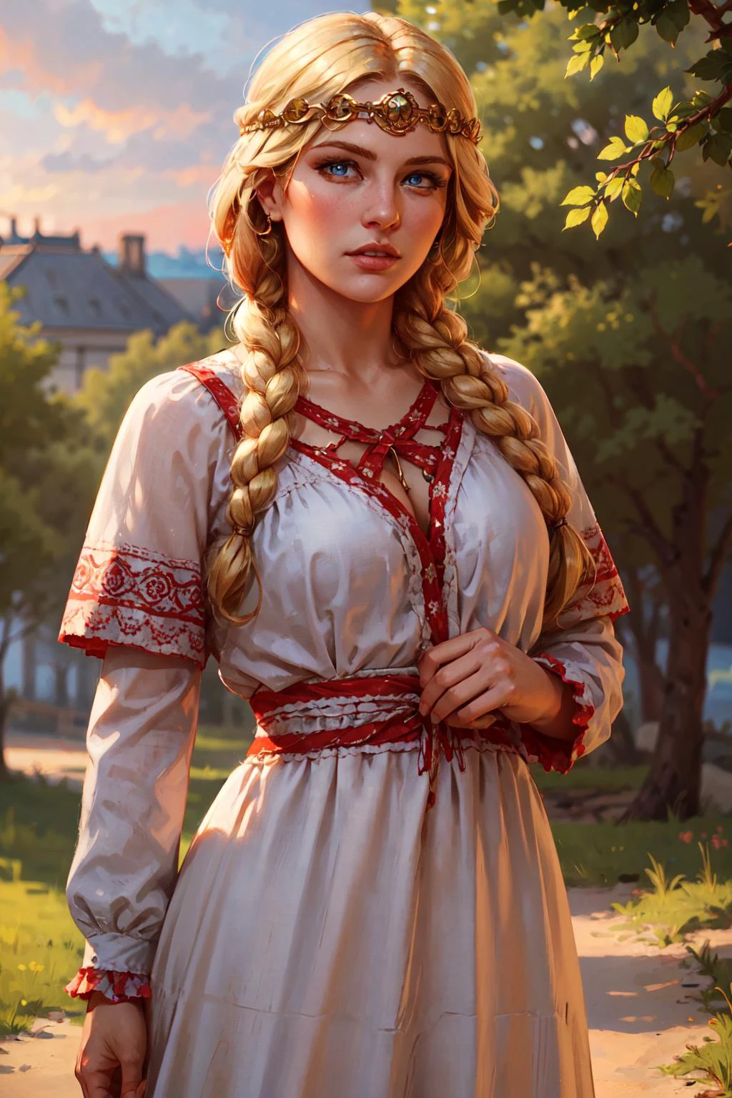 1 garota, bela moça, cabelo loiro, trança, olhos azuis brilhando, vestido branco com babados vermelhos ornamentados, diadema, ao ar livre, realista 