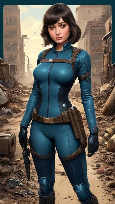 Fallout style, Illustration (caricature),  EllaPurnell1,  large breasts, toned trim body, nude, (long black straight hair with bangs1.5), smileing, sexy look, coy,  (.5 blue  fallout suit),(.5 nude), in a fallout wasteland, Fallout, mort drucker, alex gard, Sebastian Kruger, cartoon, artstation, extreme quality, best resolution, insanely sharp, extremely detailed, extremely intricate, vivid colors, award winning, professional ,