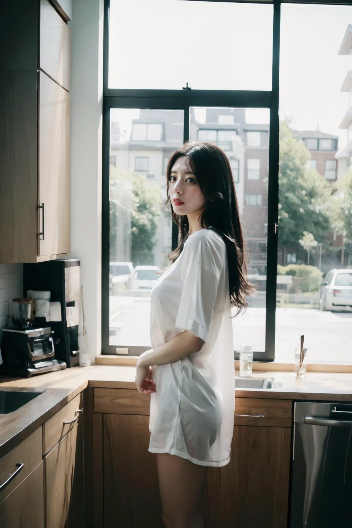 1girl, solo, skinny, slim legs, pale skin, smooth skin, beauty, light makeup, small breasts, looking at viewer, 
oversized shirt dress, no pants, bare legs, see-through silhouette, 
kitchen, kitchen counter, near window,
(masterpiece:1.2), best quality, ultra high res, raw photo, perfect lighting, soft light, rim light, (realistic, photorealistic:1.4),