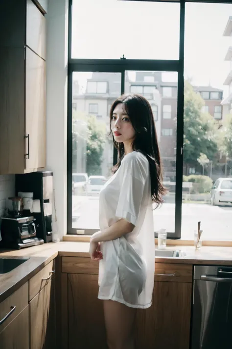 araffe woman in white shirt standing in kitchen next to window