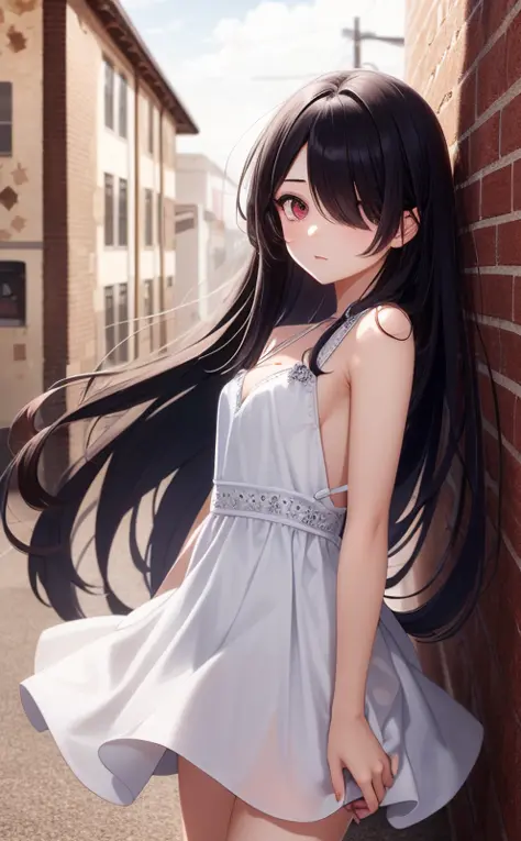 best quality, intricate details, chromatic aberration, 

1girl, long hair, black hair, messy hair, red highlights, hair over one eye, red eyes, sharp eyes, 

(see-through silhouette:1.2), see-through, white dress, sundress, cowboy shot, wind lift,

against...