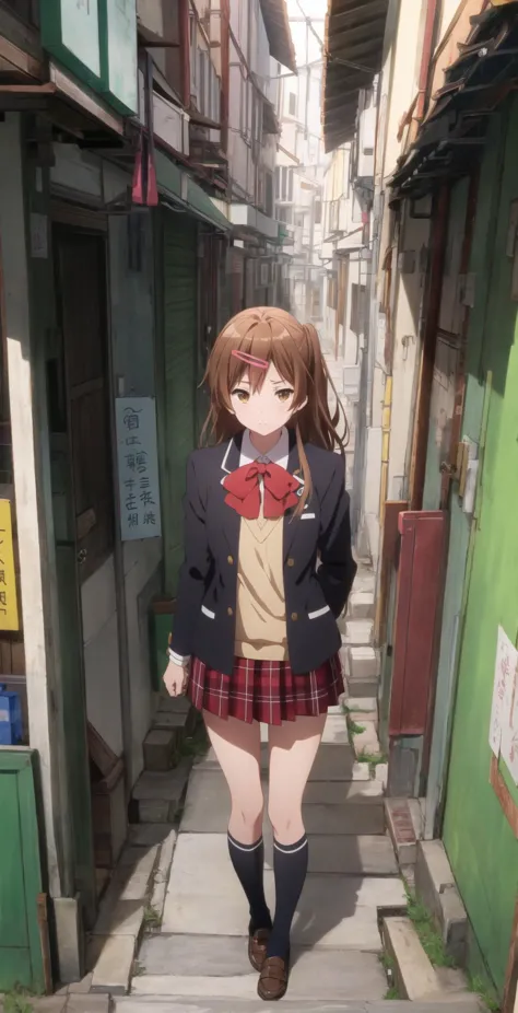 masterpiece, best quality, highres, BREAK
,embarrassed,chinese narrow dirty alleyway daytime, , green, mediterranean theme, , eye level shot, ,(looking at viewer:1.0), ,BREAK, 
<lora:nibutani:0.85>, shinka nibutani, school uniform, jacket, plaid skirt
,