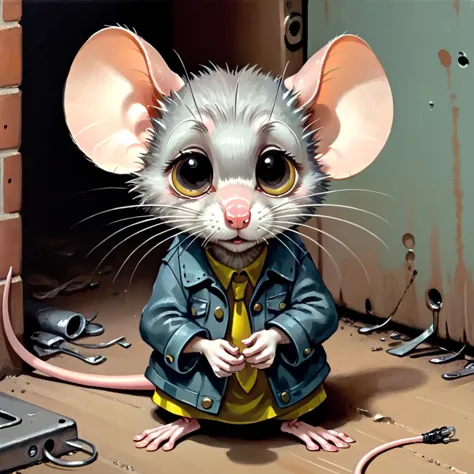 painting of a mouse in a jacket and tie sitting on the floor