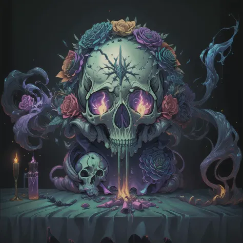 a close up of a skull with flowers and candles on a table