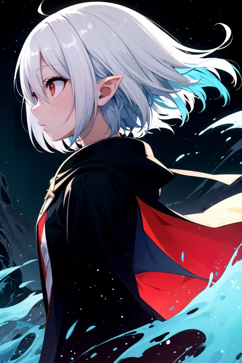 a woman with white hair and a cape standing in the water