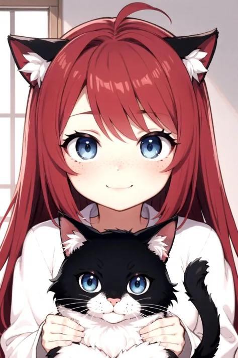 a beautiful anime girl, red hair, freckles, smooth skin, blurry background, holding a cat, soft, cute, happy, illustration, cute, perfect proportions, perfect face, perfect eyes