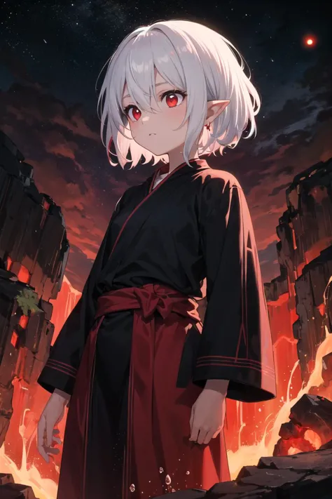 a woman in a black robe standing in front of a fire