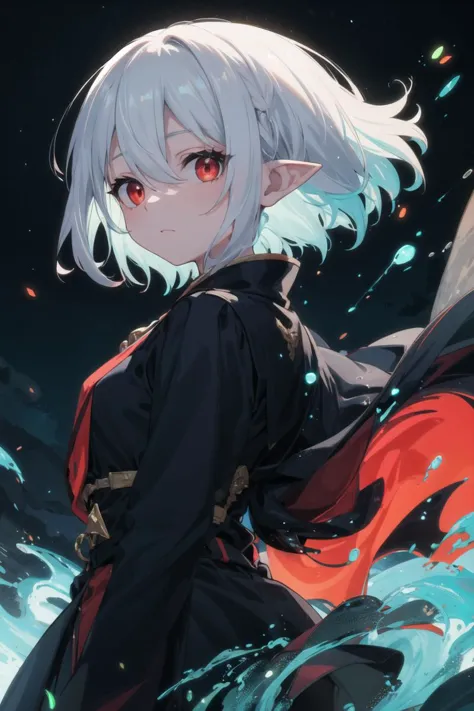 a woman with white hair and red eyes standing in the water