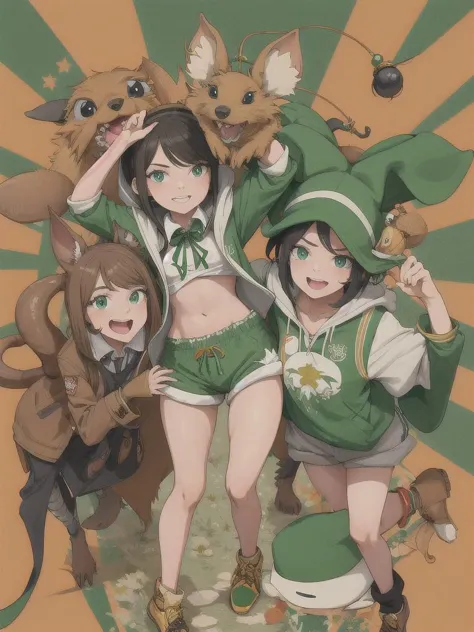 a group of anime girls in green outfits with cats and dogs