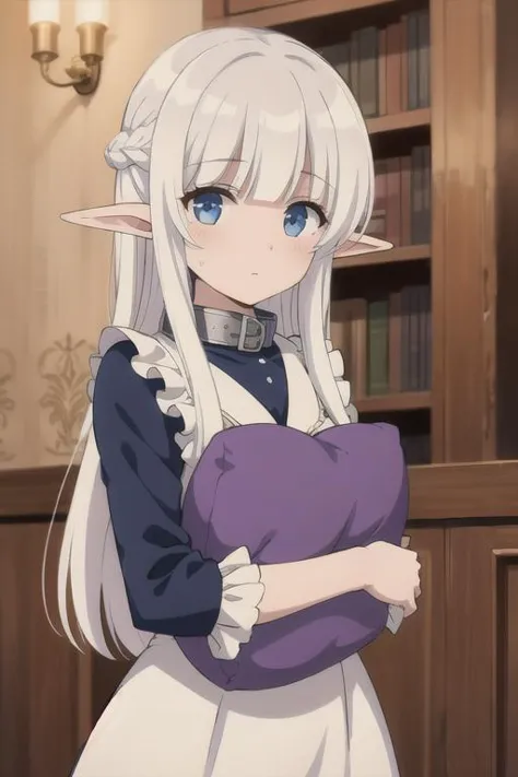 best quality,masterpiece, high res,original, beautiful detailed eyes,ultra-detailed, <lora:Madome_-_Nephelia_v2:0.45> ,1girl, bangs, blue eyes, blunt bangs, blurry background, collar, dress, elf, long hair, looking at viewer, nephelia, pillow hug, shaded face, solo, white hair