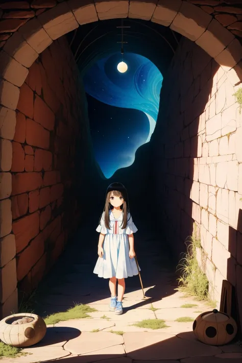 anime girl in a blue dress standing in a tunnel with a moon in the background