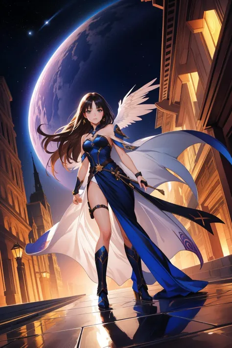 a woman in a blue dress and wings stands on a city street