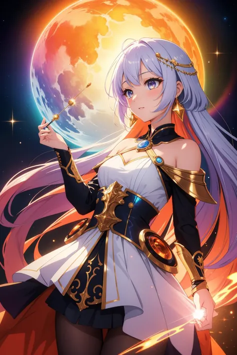 a woman in a white dress holding a sword and a full moon