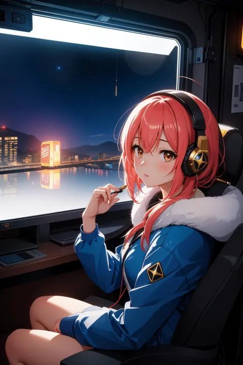 1girl, professional anime artwork illustrating, Golden ratio, cinematic shot of a monotype Abrasive [Edo Period|ShÅwa Era] ([Headphones|Campground]:1.3) , it is made from Cygnus X-1, it is covered in Fur, best quality, from inside of a [Anime:Capricious:16] Night city cyberpunk, Corsican mountains and indoors, at Twilight, Bokeh, Illustration, Surprising, Suprematism, side light, F/1.8, Cathode tube, ethereal magical atmosphere, icon style, trending on artstation, adobe lightroom