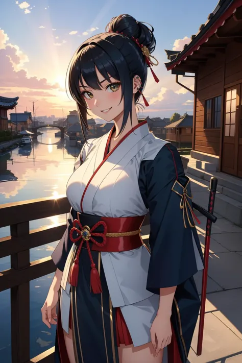 a woman in a kimono outfit standing on a bridge