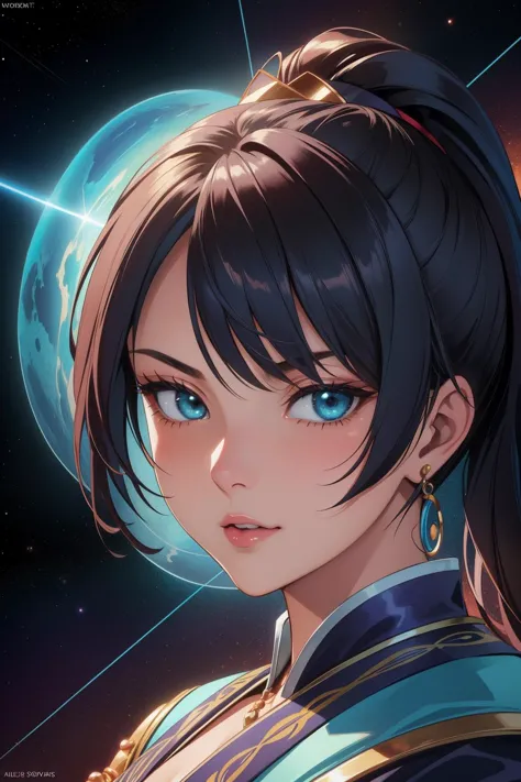 a woman with blue eyes and a black hair in a space suit