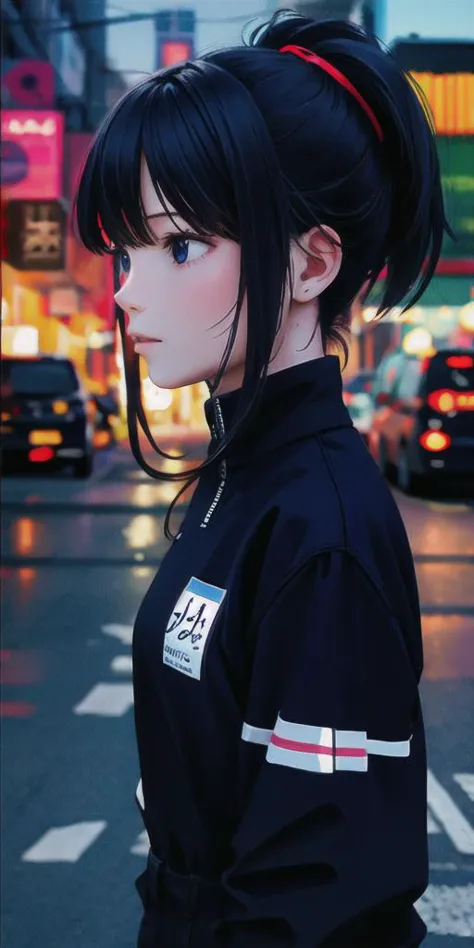 anime girl with black hair and a black jacket on a city street