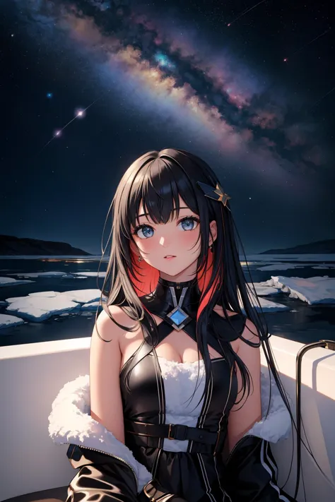 anime girl with long black hair sitting on a boat in the ocean