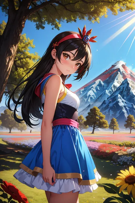 a woman in a dress standing in front of a mountain