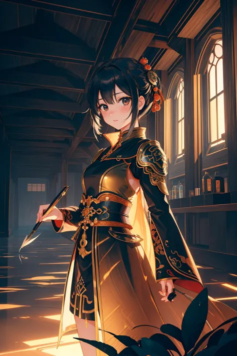 a woman in a gold dress holding a sword in a room