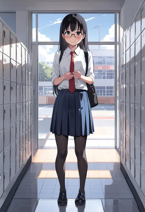 1girl, glasses, black hair, long hair, standing, red necktie, pantyhose, white shirt, blue skirt, collared shirt, pleated skirt, shy smile, blush, looking at viewer, solo focus,
getabako, scenery, window, locker, school, indoors, sunlight, building, day, reflective floor, bench, door
best quality, ultra-detailed, illustration,