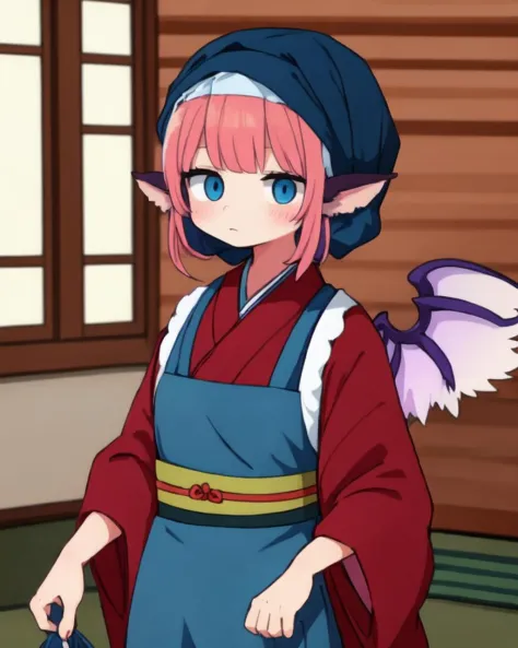 <lora:oka_mysty_v4:0.7>, 1girl, solo, animal_ears, sash code, tasuki, white_tasuki wings, OKMS, okamisty, mystia lorelei, maroon_kimono, blue_headscarf, indigo blue_apron, indoors, pink hair, aged_up, anime_coloring