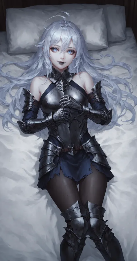 score_9, score_8_up, score_7_up,
vl4dil3n4, silver hair, ahoge, pale skin, undead, blue eyes, black lips, cute face, standing at attention, looking at viewer, black armor, fallen to evil, breastplate, bare shoulders, evil smile, lying on bed
<lora:vl4dil3n...