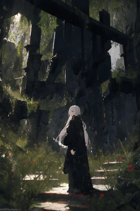 (masterpiece:1.2), best quality,realistic,
1girl, scenery, solo, stairs, long hair, ruins, standing, from behind, outdoors, artist name, white hair, wide shot, overgrown, facing away
 <lora:ghostdom_20230621222536-000016:1>