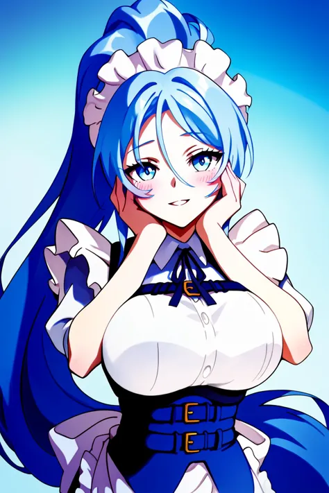 Mucama_tocado, Mucama, delantal,Silfa, largo_cabello, blue_eyes, blue_cabello, rubor,grande_senos,cola de caballo yandere trance, puntaje_9, puntaje_8_arriba, puntaje_7_arriba, puntaje_6_arriba, puntaje_5_arriba, puntaje_4_arriba, BREAK,1 niña en pleno crecimiento, mejor calidad, obra maestra, ultra detallado, alta calidad,buena calidad,1 chica,(obra maestra,Alta resolución, ultra detallado,8K,16k),mirar al espectador