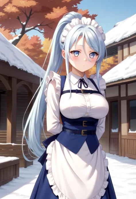 score_9, score_8_up, score_7_up, detailed eyes, autumn leaf, snowy, village, BREAK
straight on shot, standing,  <lora:PerfectEyesXL:0.8> perfecteyes,
 <lora:Sylpha:0.75>  sylpha, long_hair, 1girl, blue_eyes, blue_hair, solo, blush, large_breasts, ponytail, maid dress