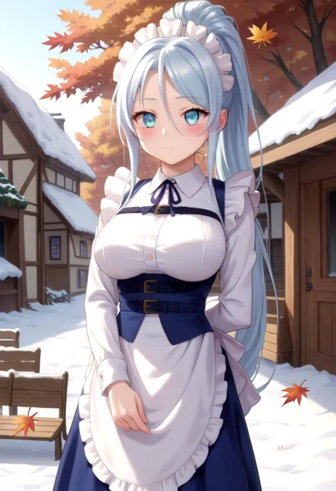 anime girl in a blue dress standing in the snow