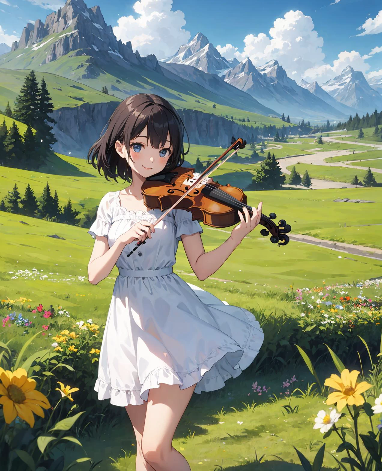 kawaii 1chica, tocando el violín, sonrisa, Delgado, vestido, al aire libre, En naturaleza, montañas,  campo de hierba, flores, cielo, pelo flotante