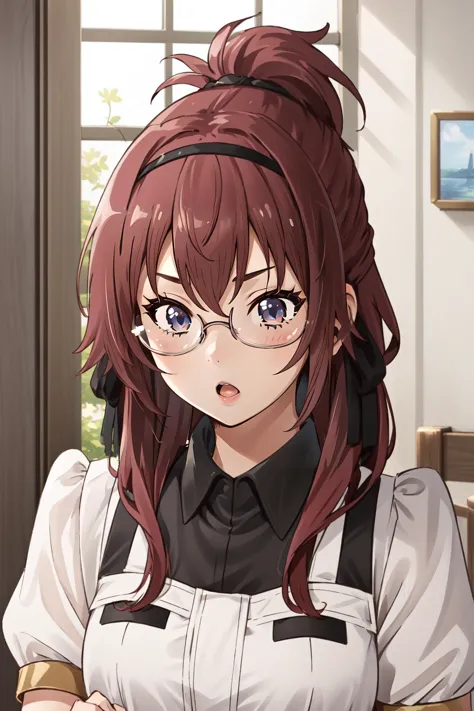 anime girl with long hair and glasses sitting at a table