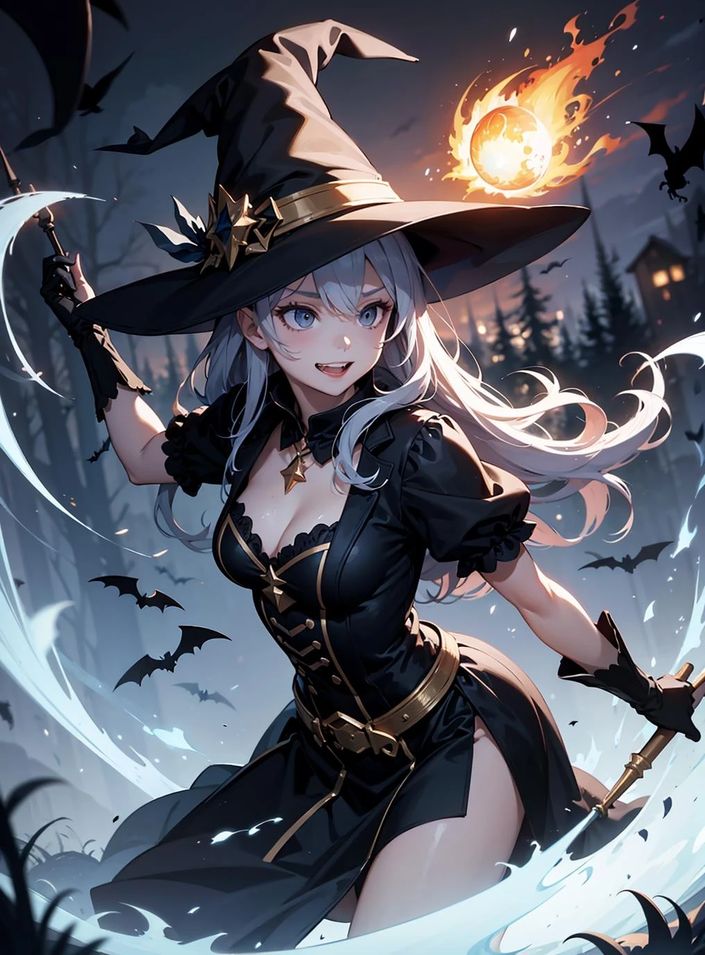 masterpiece, best quality, absurdres, novel illustration, 1girl, young, long hair, cinematic composition, cinematic angle, (dynamic pose:1.3), witch costume, hat, magic wand, fireball, magic, (casting spell:1.3), night, dark forest, bats, evil grin