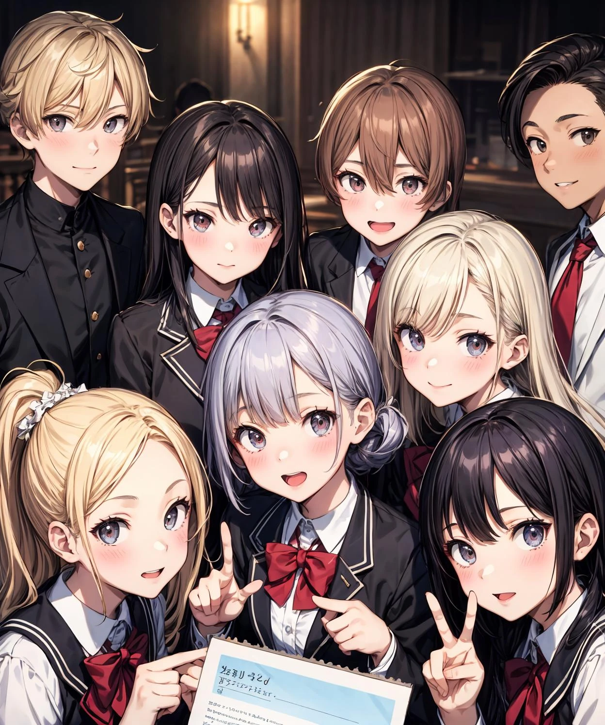 (masterpiece, best quality), (absurdres:1.2), (ultra detailed, 8K, ultra highres:1.2), (beautiful 4girls and handsome 4boys:1.3), young, slim, (cinematic composition), blush, happy smile, dramatic lighting, (short body,  body), (group shot, gathered, friendultiple boys:1.2), looking at viewer, standing, sitting, posing, school uniform, (multiple loving couples:1.2), v-signs