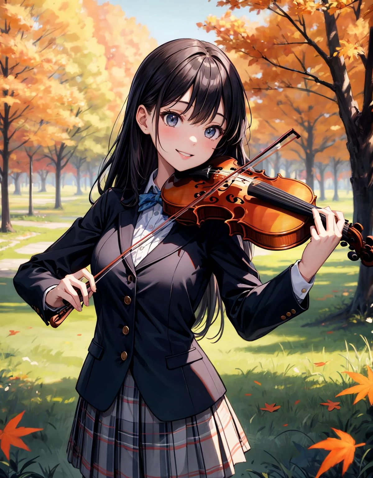 (masterpiece, best quality), (absurdres), (ultra detailed, 8K, ultra highres:1.2), 1girl, (playing violin:1.2), long hair, smile, young, slim, cowboyshot, , outdoor, nature, forest, grass, dynamic pose, autumn