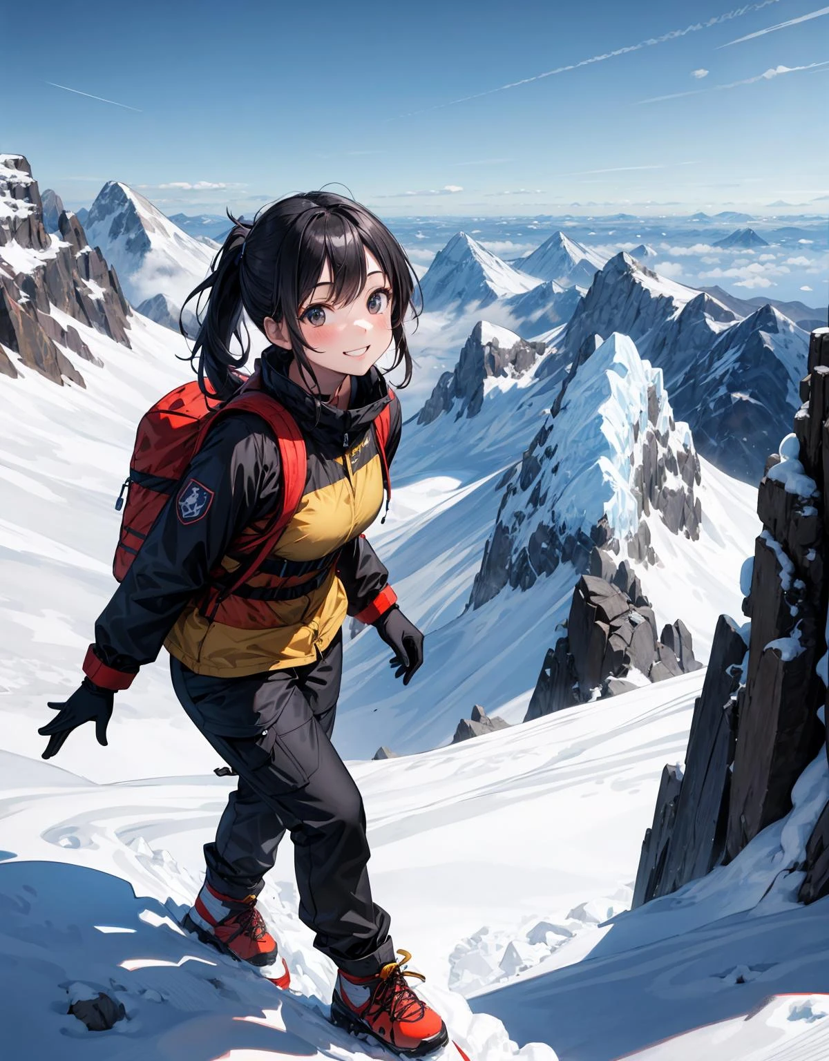 (masterpiece, best quality), (absurdres), (ultra detailed, 8K, ultra highres:1.2), (mountaineering:1.2), mountaineer, long hair, pony tail, smile, young, outdoor, (dynamic pose:1.2), 1girl, solo, mountain range, ridge, peak, summit, snow, ice, rock, high altitude, long sleeve jacket, long pants, gloves