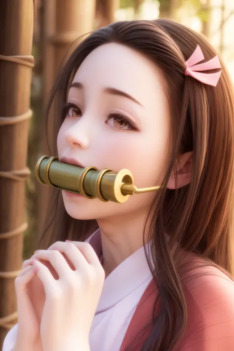 masterpiece, best quality, highly detailed, ultra high res, (photorealistic:1.8), unreal_engine, photograph, realistic_skin_texture, <lyco:Nezuko_DemonSlayer:0.9>, nezuko, kamado nezuko, 1girl, solo, long hair, black hair, pink eyes, multicolored hair, hair ribbon, (bamboo gag, bite gag), portrait, looking at viewer, seductive smile, pink kimono, own hands together